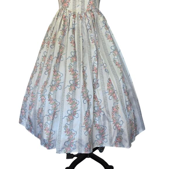 Gunne Sax Vintage 80s Strapless Satin Princess Dress Size 9 Floral Stripe Bows - Picture 6 of 10